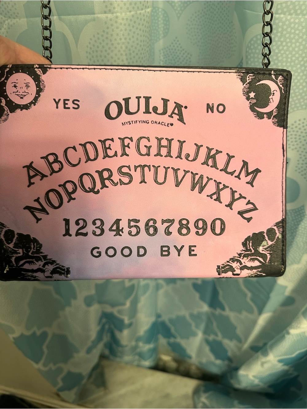 Pink Ouija-Print Crossbody Bag with Chain Strap